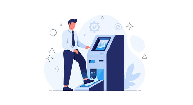 Man using an interactive kiosk or ATM machine with digital interface, business technology concept