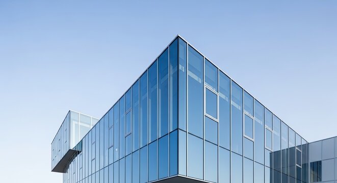 A modern glass building stands against a clear blue sky. The building features large, reflective windows and a sleek, angular design.