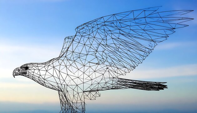 Metal wireframe eagle sculpture soaring with spread wings against a blue sky background
