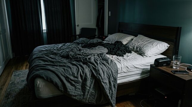 A person sleeps in a dimly lit bedroom. A dark gray duvet covers a bed with white sheets and pillows.