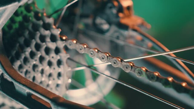 Bicycle Chain and Cassette Close-Up: Camera Sliding Along Gears | Rear Wheel Sprocket Mechanism in Slow Motion | Bike Drivetrain Macro Detail