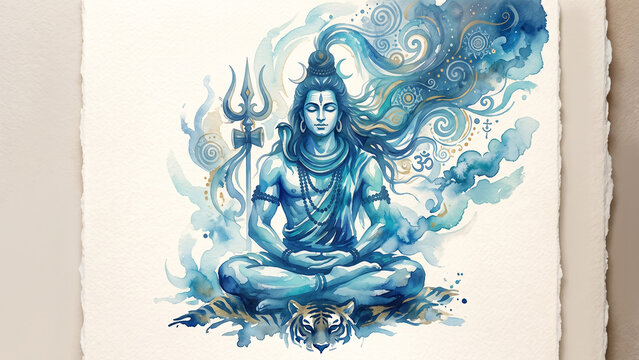 Watercolor illustration of Lord Shiva in deep meditation with sacred trishul and divine blue aura on textured paper