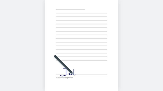 A close up view of a pen signing a document on a white background.