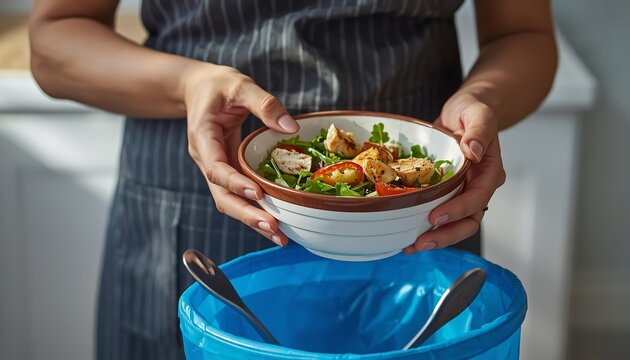 Person holding a ceramic bowl filled with fresh salad over a blue trash can to discard uneaten organic food waste