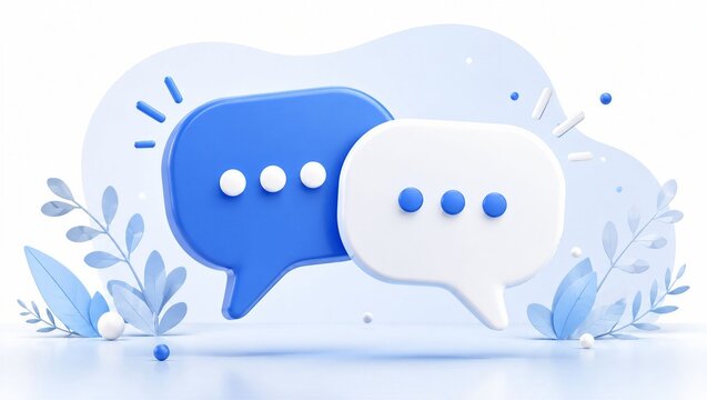 3D render of blue and white speech bubbles with leaves representing communication, feedback, and social media discussion concept