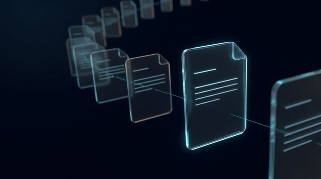 Floating glowing digital document icons connected in a continuous data chain. Concept of blockchain ledger, electronic archiving, and sequential workflow processing.