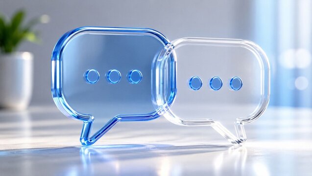 Transparent glass 3D speech bubbles on a desk in a bright office background representing corporate communication and modern business dialogue