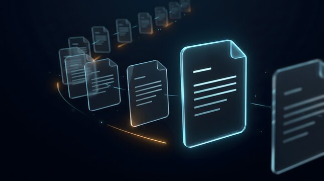 Curved line of glowing transparent digital document icons floating in dark space. Concept of electronic file migration, sequential data processing, and document lifecycle management.