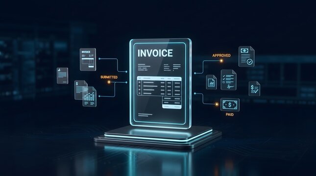 Glowing digital invoice document on pedestal with connected floating icons. Concept of automated billing system, financial accounting software, and digital payment workflow.