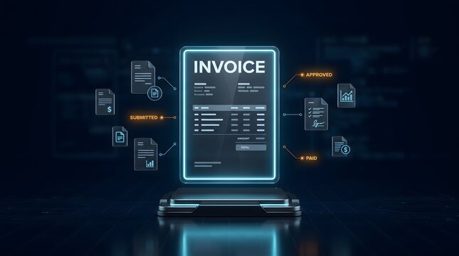 Glowing digital invoice document interface on futuristic pedestal. Concept of automated billing software and smart contract processing.