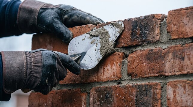 Bricklayer Applying Mortar to Rustic Masonry