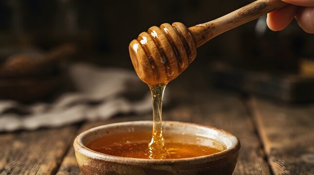 honey dripping from wooden dipper