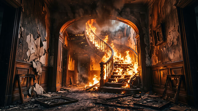 Raging flames and thick smoke devastating the interior of a historic mansion during a severe structural fire disaster with interior staircase destruction disaster