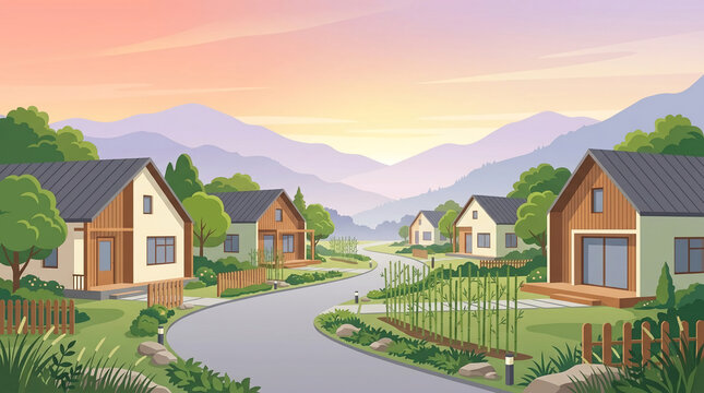 Aesthetic modern minimalist village neighborhood with cozy wooden cottages and mountain valley at sunrise vector landscape