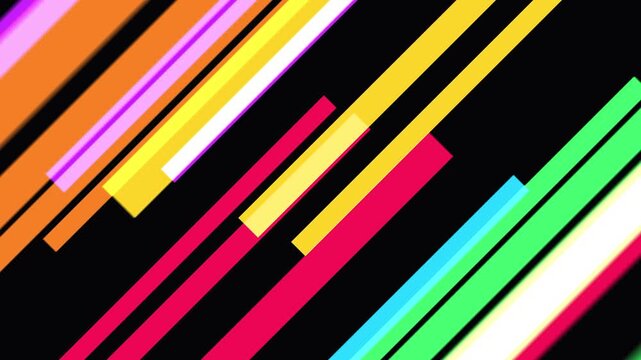 Bright colorful diagonal lines moving dynamically on black background with motion blur for energetic abstract visuals