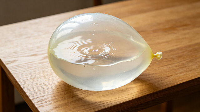 Overfilled translucent water balloon on wooden table, tension and fragility concept