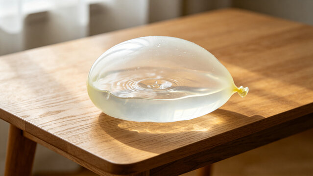 Overfilled translucent water balloon on wooden table, tension and fragility concept