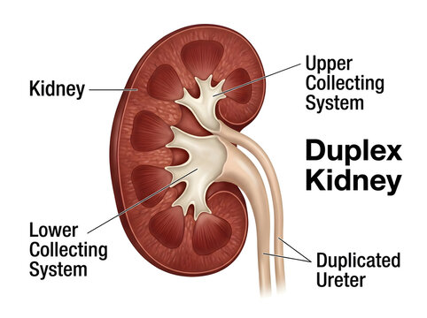 Duplex kidney with collecting systems and ureter isolated on white background