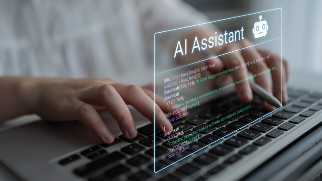 Hands typing on a laptop with holographic display showing AI assistant and programming code in a modern workspace. Glyphic.