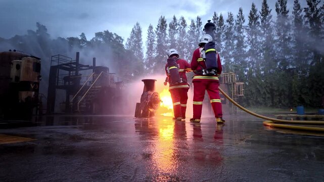 Firefighters use a water hose to suppress an industrial fire during emergency response training in a wet outdoor facility