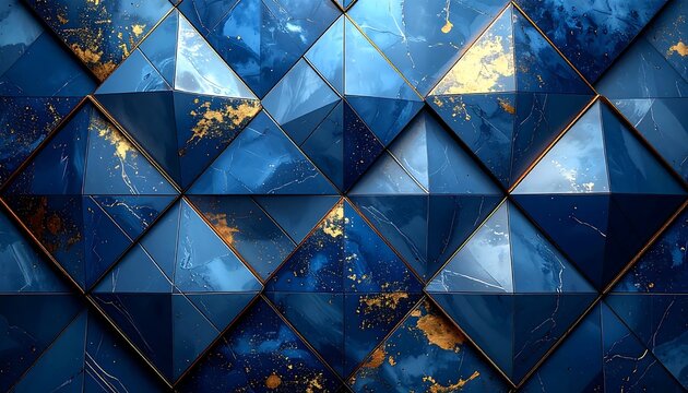Fluid blue and shimmering gold geometric pattern, creating a luxurious abstract mosaic of interconnected triangles, perfect for modern design backdrops and sophisticated textures
