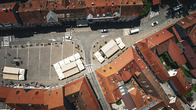 Aerial view of the historic town square in Samobor, featuring terracotta rooftops, cobblestone streets, and outdoor cafe seating in Samobor, Zagreb County, Croatia.
