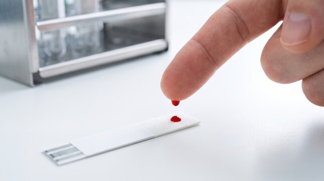 Patient fingertip releases a fresh capillary droplet onto an absorbent diagnostic strip on a pristine laboratory bench, illustrating controlled micro sample placement for rapid clinical screening