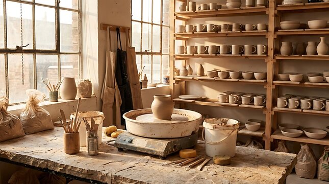 Pottery studio with wheel, clay items, and ceramic art on shelves, lit by sun. Captures essence of handmade craft and artistic creation