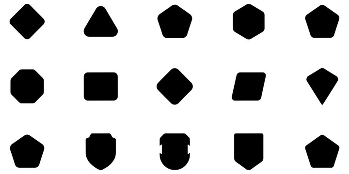 Set of fifteen black geometric shapes with rounded corners on a white background