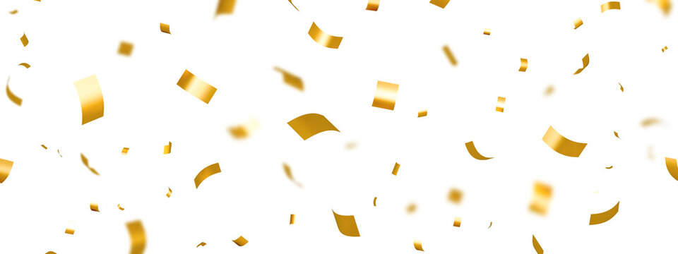 Falling gold confetti particles isolated on transparent background