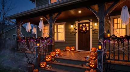 Obraz premium Spooky Halloween House Porch Decoration with Jack-o-Lanterns and Ghost Figures at Night