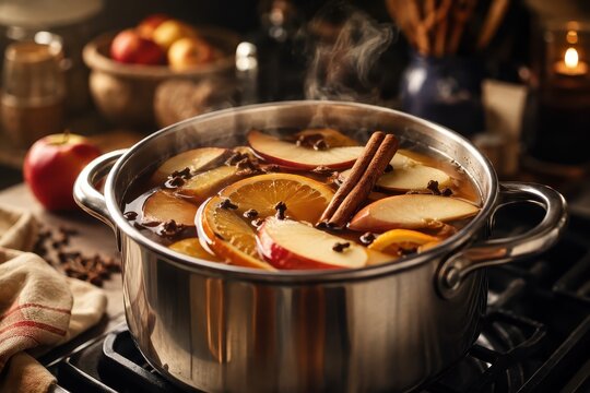Hot mulled cider simmering in a pot with spices and fruit, perfect for a cozy autumn evening