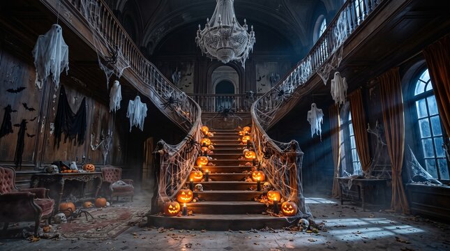 Spooky haunted mansion with glowing jack-o'-lanterns and ghosts for Halloween decoration
