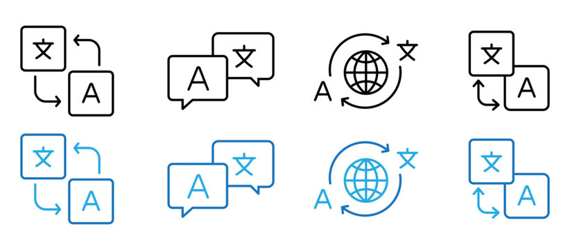 Language translation and global speech icon set. Language exchange arrows, speech bubble translation, world globe language, and dual language conversation icons. Line icon collection.