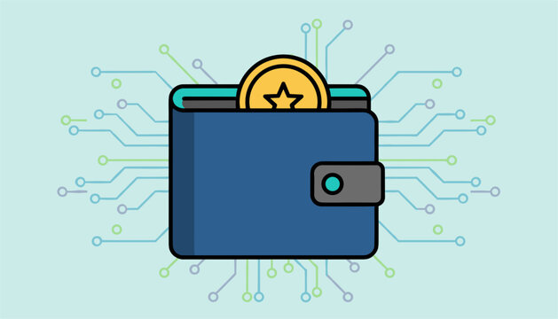 E-wallet concept showing a dark blue wallet containing a gold star coin over a light green digital circuit background.