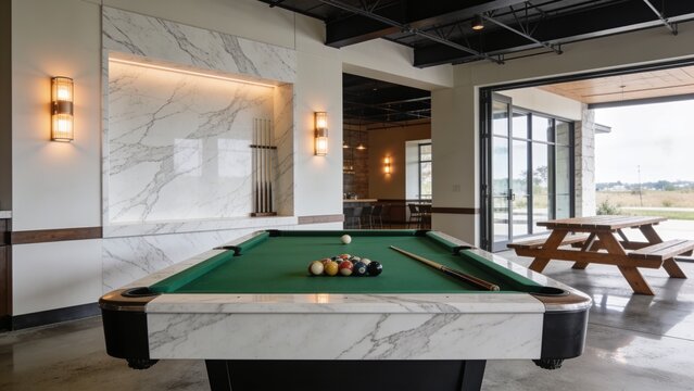 Modern Luxury Billiard Room Interior With Green Pool Table Marble Feature Wall Warm Lighting and Outdoor Seating Area

