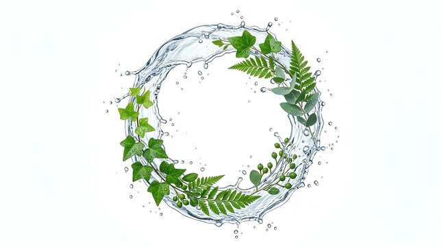 Splash water leaf green in circle wreath frame of ring round nature fresh clean background pure liquid bubble droplet wash