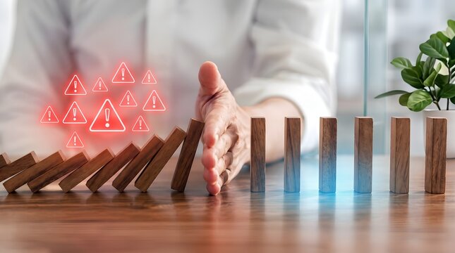 Business risk management concept with hand stopping falling wooden domino blocks under digital warning alert icons