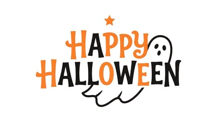 Happy Halloween typography design with a cute ghost illustration on white background © Tufayel
