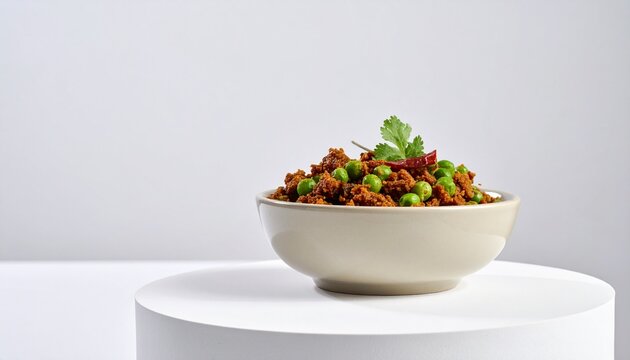 Keema matar served in a stylish bowl on a white podium, spiced minced meat