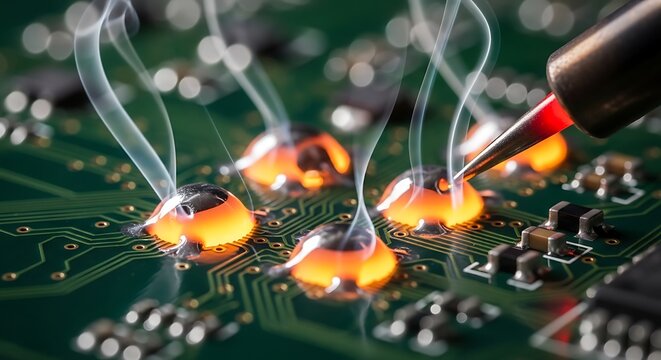 Soldering iron heating electronic components on a green circuit board