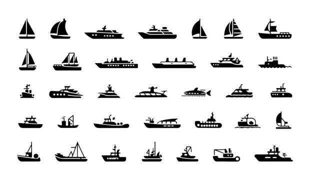 Variety of black boat icons representing different types of ships and vessels for transportation designs.