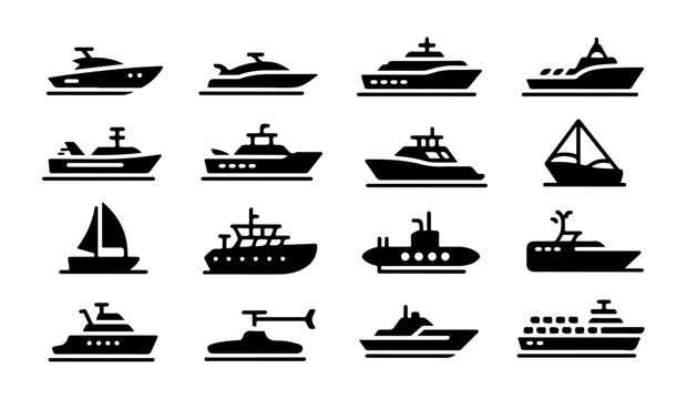 Set of black boat and ship icons representing various types of pleasure crafts and commercial vessels.