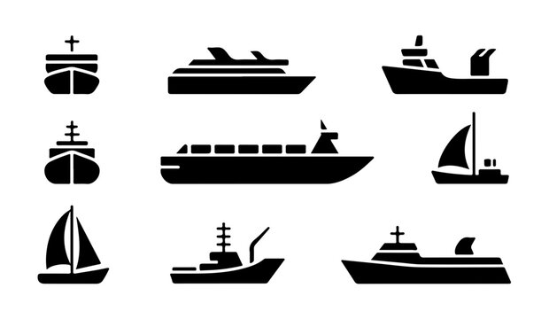 Collection of various ship and boat silhouettes for marine transportation themes.