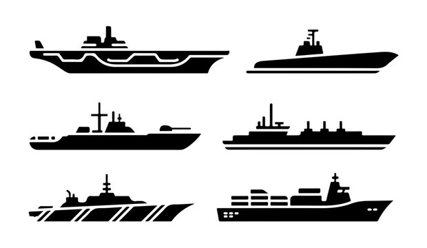 Military ship silhouettes collection featuring black aircraft carrier and battleship icons for naval design.