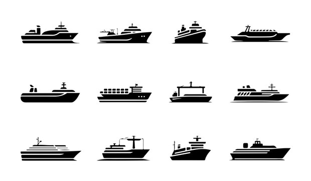 Collection of various shipping vessel icons showcasing modern cargo ships passenger boats and maritime transport.