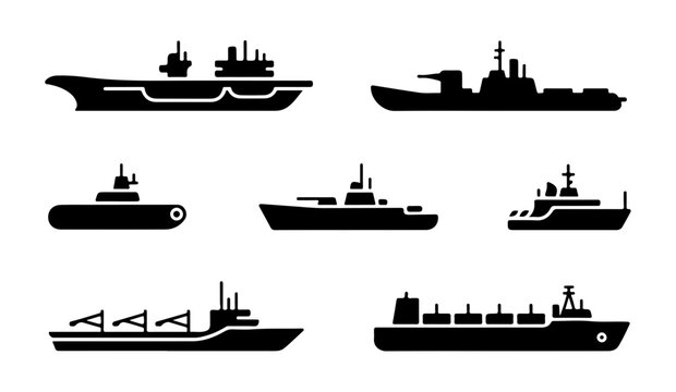 Maritime vessel icons set including black submarine and cargo ship silhouettes for nautical industry themes.