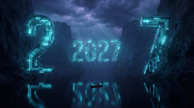 Giant glowing cyan numbers representing '2' '0' '2' '7' are positioned within a dark canyon landscape beside a lake.