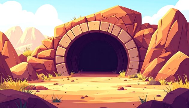 Cartoon Mountain Tunnel Entrance Located in a Rugged Rocky Desert Landscape Under a Clear Sunny Sky