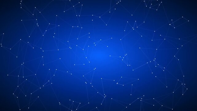 vibrant blue background showcases an abstract digital network of moving glowing white dots and lines, global connection and advanced technology, loopable animation